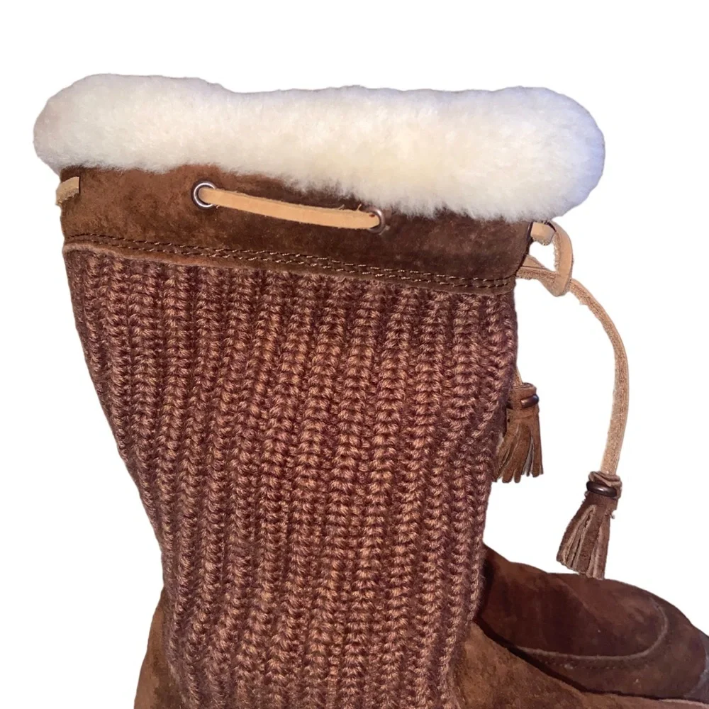 UGG Australia Suburb Boots Womens Size 6 Leather Suede Crochet Knit Fur Sherpa